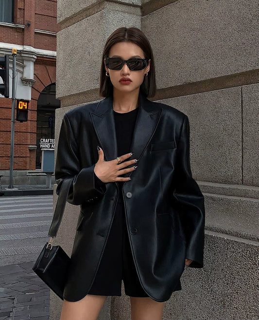 Women Black Brown Soft PU Leather Blazer Shoulder Pads Long Sleeve Single Breasted Loose Casual Jacket Tops Korean Fashion Coat