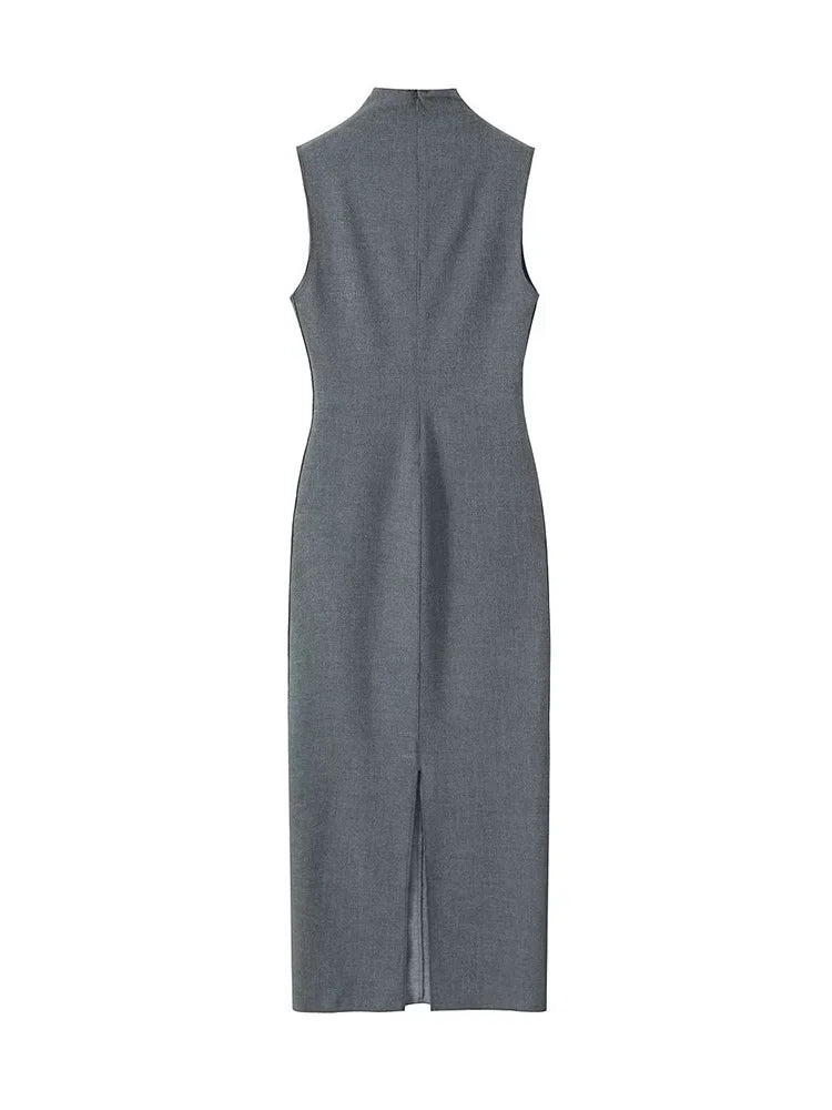 Women Fashion Grey Back Zipper Slit Midi Dress Vintage O-Neck Sleeveless Female Chic Lady Dresses