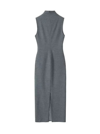 Women Fashion Grey Back Zipper Slit Midi Dress Vintage O-Neck Sleeveless Female Chic Lady Dresses