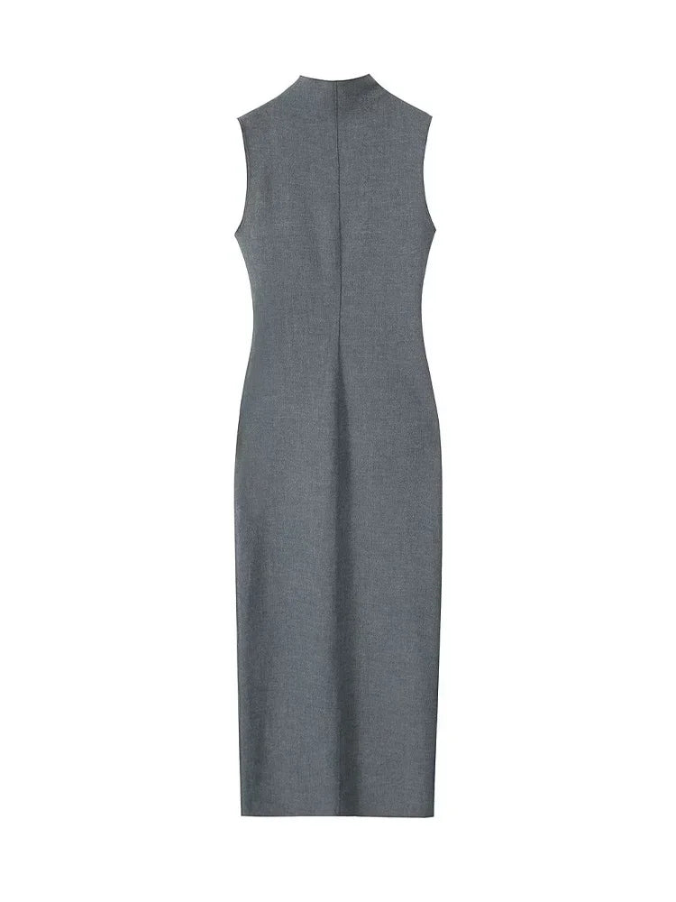 Women Fashion Grey Back Zipper Slit Midi Dress Vintage O-Neck Sleeveless Female Chic Lady Dresses