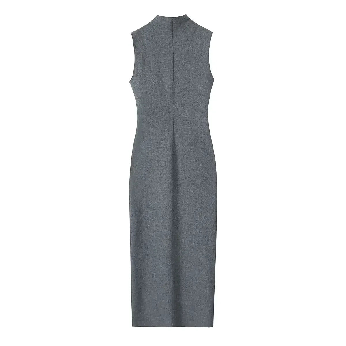 Women Fashion Grey Back Zipper Slit Midi Dress Vintage O-Neck Sleeveless Female Chic Lady Dresses